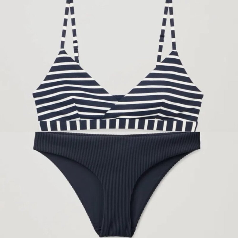 COS Striped Crossover Bikini Top and Classic Bikini Bottoms Navy White Stripe